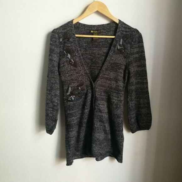 DEX Grey & Floral Embroidery Mohair V Neck Knitted Cardigan Size Small - Picture 2 of 12
